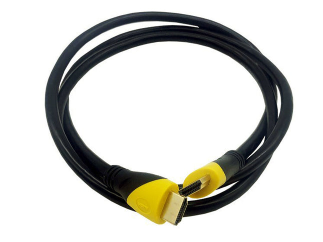 HDMI cable with black and yellow connectors on a white background