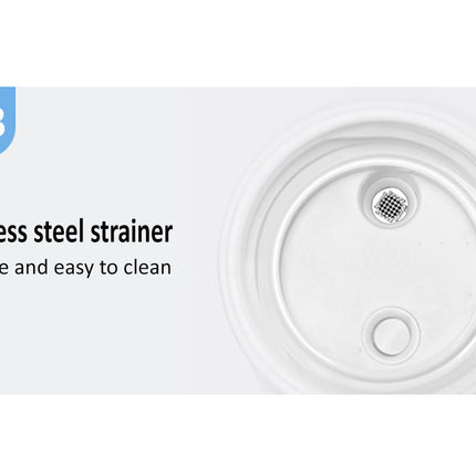 Close-up of a white plastic lid insert with a stainless steel strainer visible inside, shown on a light gray background with text reading '03 Stainless steel strainer' and 'Durable and easy to clean'.