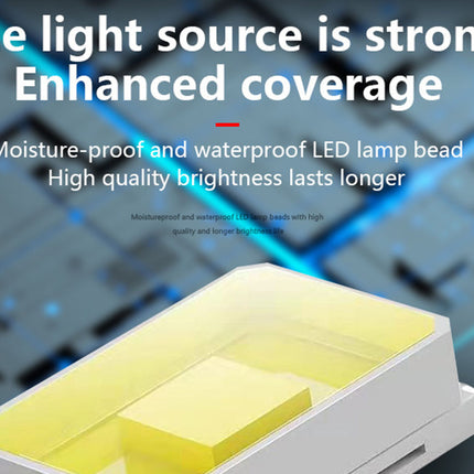 LED lamp bead with text about moisture-proof, waterproof, and high brightness on a blurred background