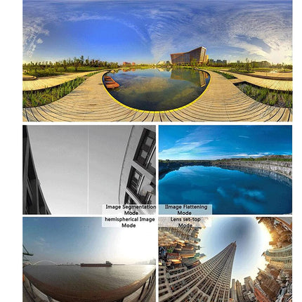 Collage of a panoramic view of a modern building with a reflective pool, followed by images showing different camera modes.