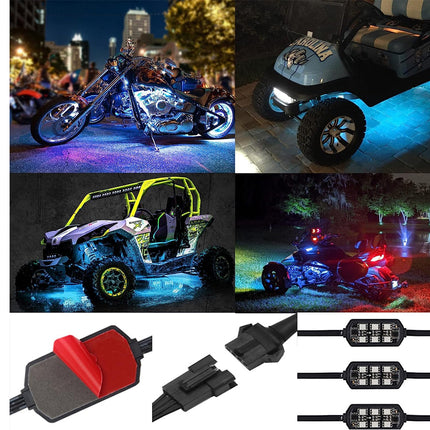 A collage showing four examples of vehicle LED underglow lights in use on a motorcycle, a golf cart, a UTV, and another vehicle at night, alongside the actual black controller and three LED light modules with red and black covers.