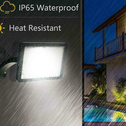 Solar light with waterproof and heat-resistant features, shown outdoors in rain.