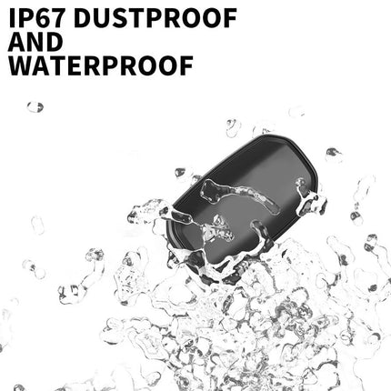 Black electronic device being splashed with water on a white background, with text 'IP67 Dustproof and Waterproof'.
