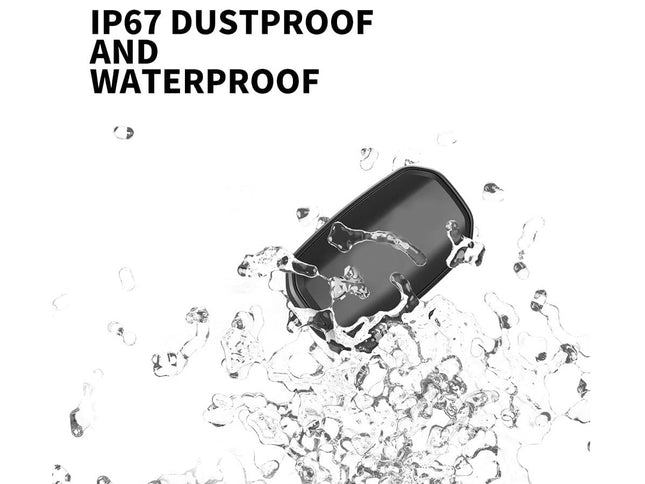 Black electronic device being splashed with water on a white background, with text 'IP67 Dustproof and Waterproof'.
