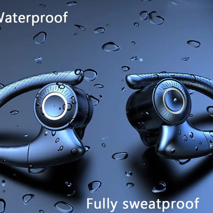 A pair of dark metallic blue wireless ear hooks with water droplets, displayed on a dark reflective surface with text overlays reading 'IP6 Waterproof' and 'Fully sweatproof'.