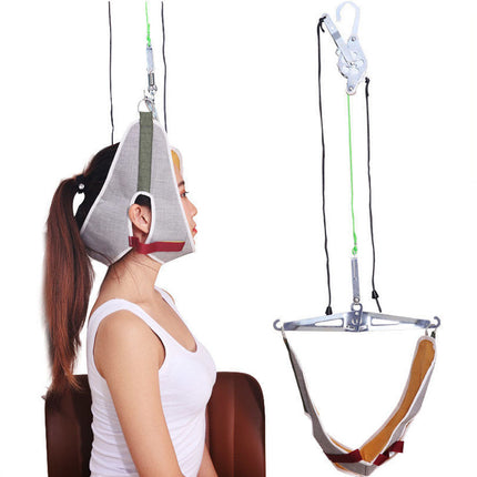 Person wearing a headrest device with a white background