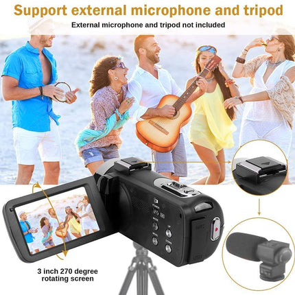 Camera with external microphone and tripod attachment, shown with people playing music in the background.