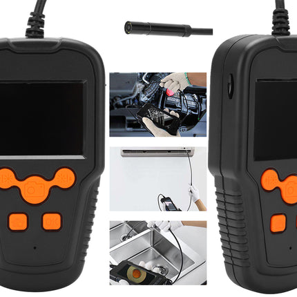Two black cable-end inspection cameras with orange buttons are shown on a white background, alongside a separate camera tip and three small inset photos demonstrating use in a vehicle, on a wall, and in a sink.