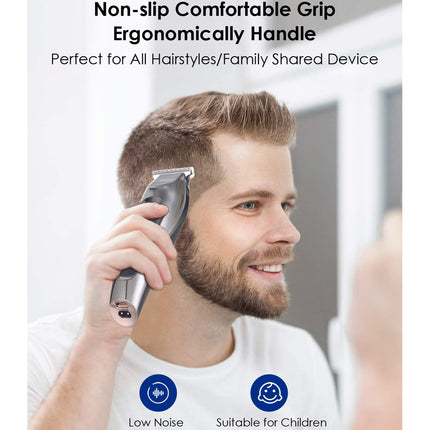 Man using a hair trimmer with text highlighting features on a white background