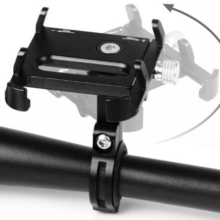 Black bike handlebar mount with adjustable phone holder on a white background
