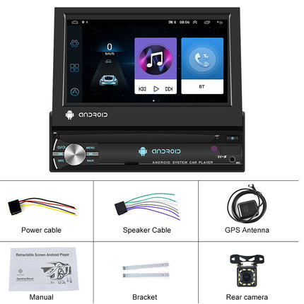 Car multimedia system with Android OS, power cable, speaker cable, GPS antenna, manual, bracket, and rear camera on a white background.