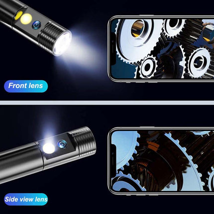 Flashlight with front and side lens views on a smartphone screen displaying gear mechanism.