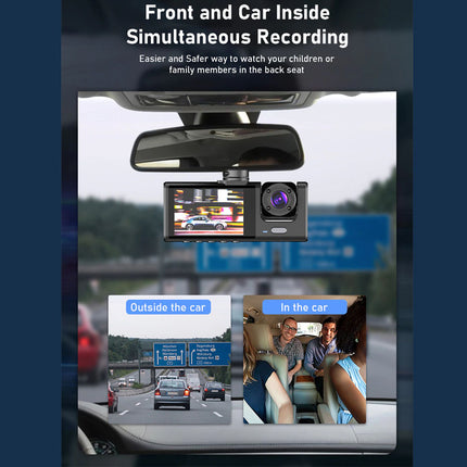 Car dashboard with a dual-camera system for front and inside recording, showing a split-screen view on a screen.