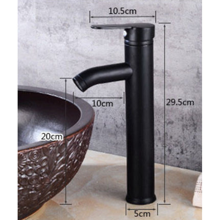 Black bathroom faucet with measurements on a gray background