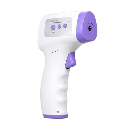 White and purple infrared thermometer on a white background