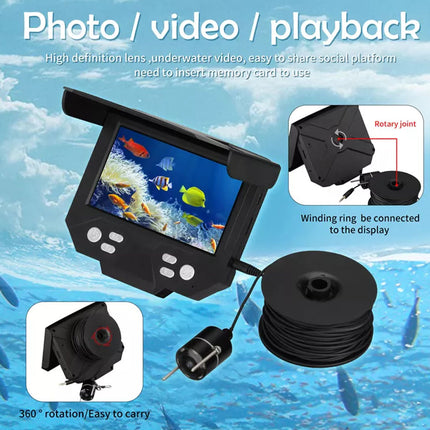 Underwater camera with display and reel for video recording, set against an underwater scene.