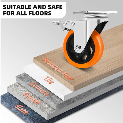 Caster wheel on a wooden platform with flooring types below
