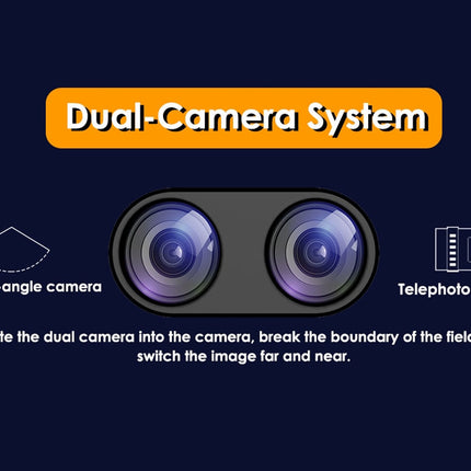 A dark promotional graphic for a dual-camera system, with an orange header reading 'Dual-Camera System' and a central illustration of two camera lenses. White text explains features such as ultra wide-angle and telephoto cameras, with simple line drawings showing the camera shape and a film-strip icon.