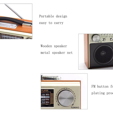 Vintage-style radio with wooden and metal components, featuring text on its features.