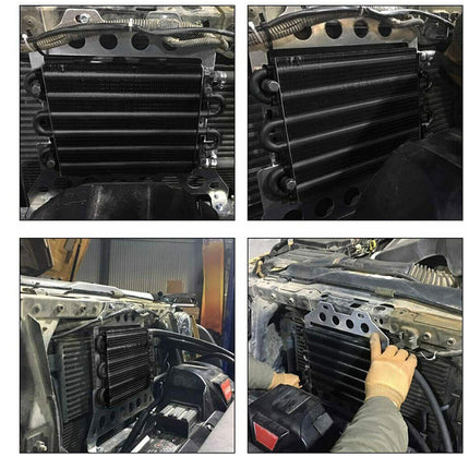 Collage of images showing a car's radiator and cooling system with a person working on it.