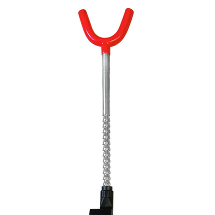 Red U-shaped tool with a telescopic shaft on a white background