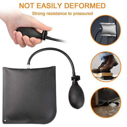 Black inflatable air pump with a hand pump bulb and flexible hose, shown alongside three circular inset images demonstrating its use and durability. The main product is displayed on a white background with promotional text at the top.