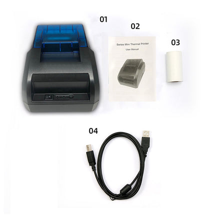 A thermal printer kit on a white background, including a black and blue printer head, a user manual, a roll of thermal paper, and a black USB cable, labeled 01, 02, 03, and 04.
