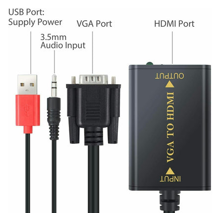 VGA to HDMI adapter with labeled ports on a white background
