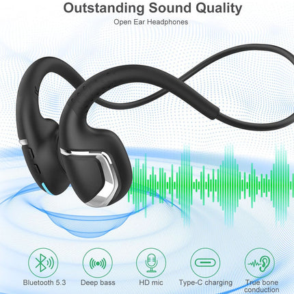 Black wireless open-ear headphones with a neckband design, shown on a light blue and white background with green soundwave graphics and feature icons for Bluetooth 5.3, deep bass, HD mic, Type-C charging, and bone conduction.