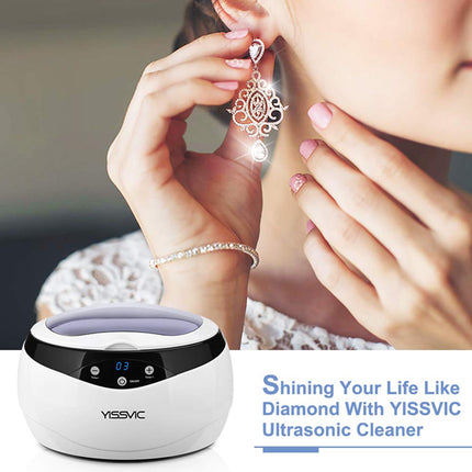 YISSVIC ultrasonic cleaner with a woman examining earrings