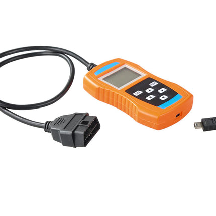 Orange diagnostic tool with cable on a white background