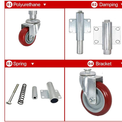 Set of hardware components including wheels, springs, and brackets on a white background.