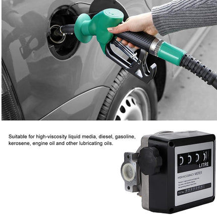 A fuel pump meter shown below a photo of a hand inserting a green fuel nozzle into a car tank, with text stating it is suitable for high-viscosity liquid media, diesel, gasoline, kerosene, engine oil, and other lubricating oils.