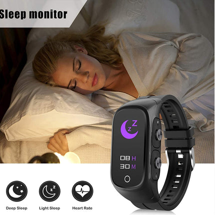 Black sleep monitor smartwatch shown in front of a sleeping woman in bed, with the text 'Sleep monitor' and icons for deep sleep, light sleep, and heart rate.