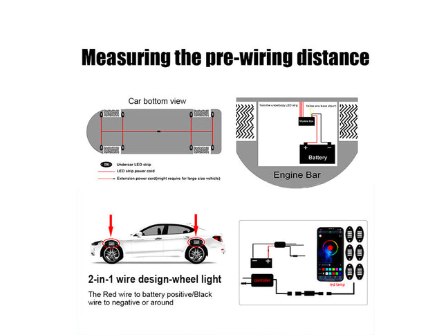 Diagram showing pre-wiring distance measurement for car LED strip lights.