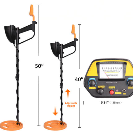 Metal detector with adjustable height and measurement details on a white background