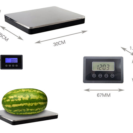 Digital kitchen scale with dimensions labeled on a white background
