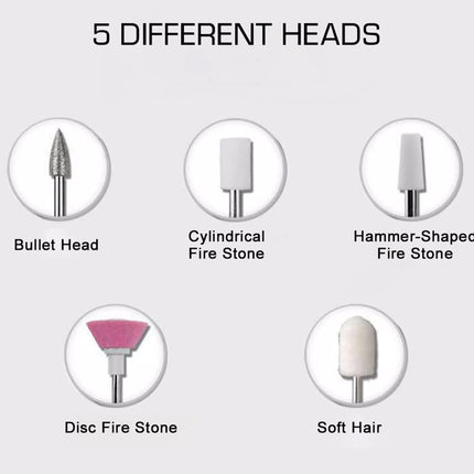 Illustration of five different brush heads with labels on a light gray background