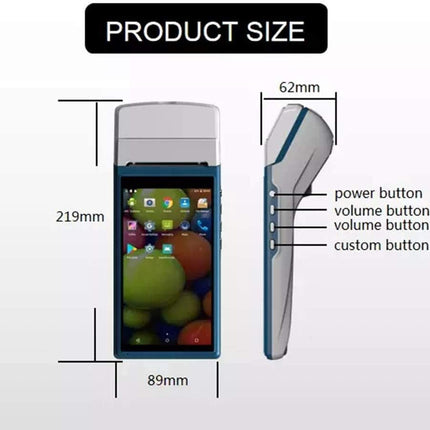 Measurement chart of a smartphone with dimensions and button labels on a white background