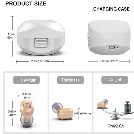 Measurement chart of a product and its charging case with dimensions and weight details.