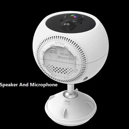 A white spherical security camera with built-in speaker and microphone, shown on a black background with the text 'Built in Speaker And Microphone'.