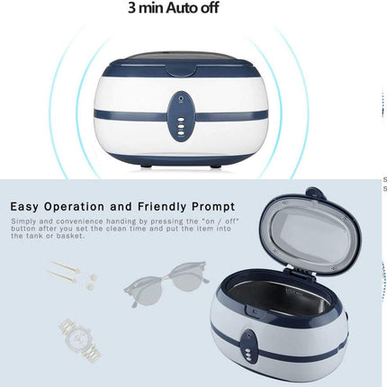 Small white and blue appliance with auto-off feature and easy operation text on a light gray background
