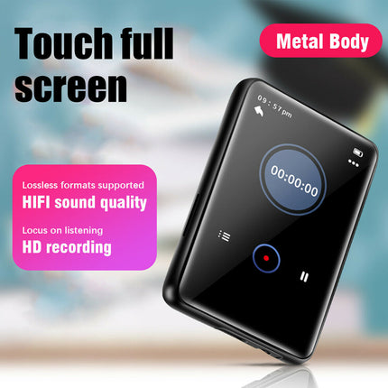 A black metal portable audio recorder with a glossy screen, shown at an angle with promotional text overlays on a blurred blue and white background.