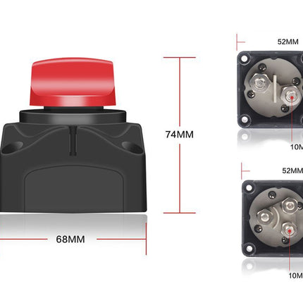 Black switch with red button and dimensions labeled on a white background