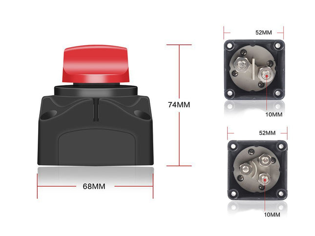 Black switch with red button and dimensions labeled on a white background