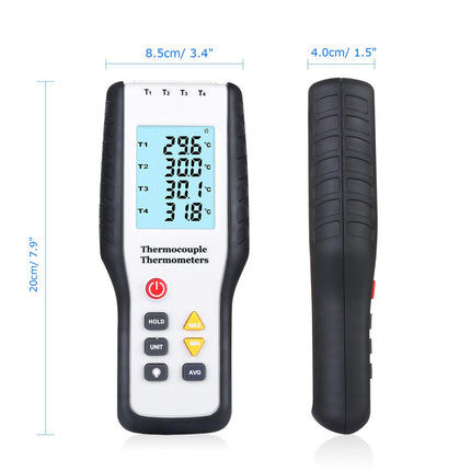 A digital thermocouple thermometer shown front and back on a white background, with blue dimension lines and text indicating measurements of 8.5cm/3.