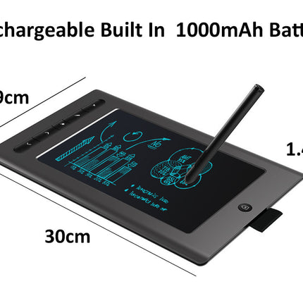 Small electronic device with a screen and stylus, labeled with dimensions and battery information.