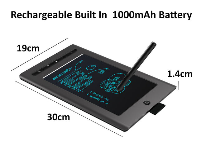 Small electronic device with a screen and stylus, labeled with dimensions and battery information.
