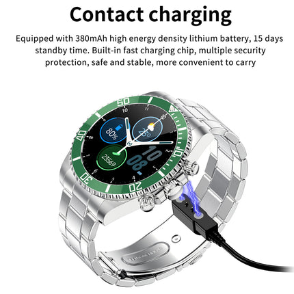 A silver smartwatch with a green bezel and digital display, shown with a black charging cable connected near the side of the watch. Text at the top reads 'Contact charging' with additional product feature copy.
