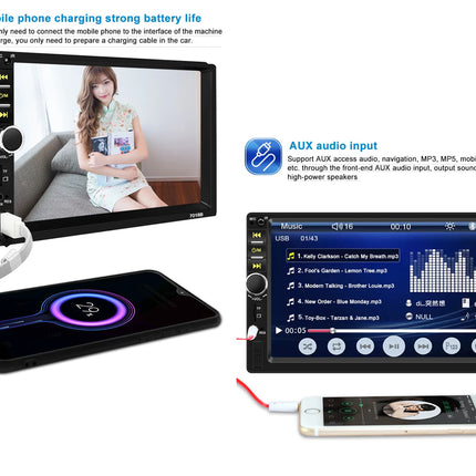 A car stereo head unit with a built-in screen, shown with connected accessories including a smartphone charging cable, a wireless charging pad, and an AUX audio input setup on a white background with explanatory text.